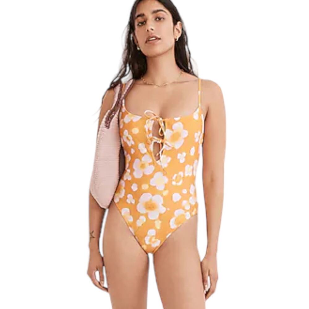 Madewell Second Wave Tie-Front One-Piece Swimsuit Medium New Watercolor Floral